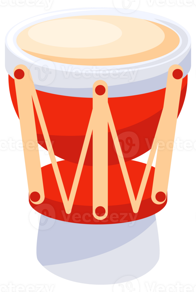 Red drum kit standing ready for a drummer to start playing music, percussion instruments isolated over white png