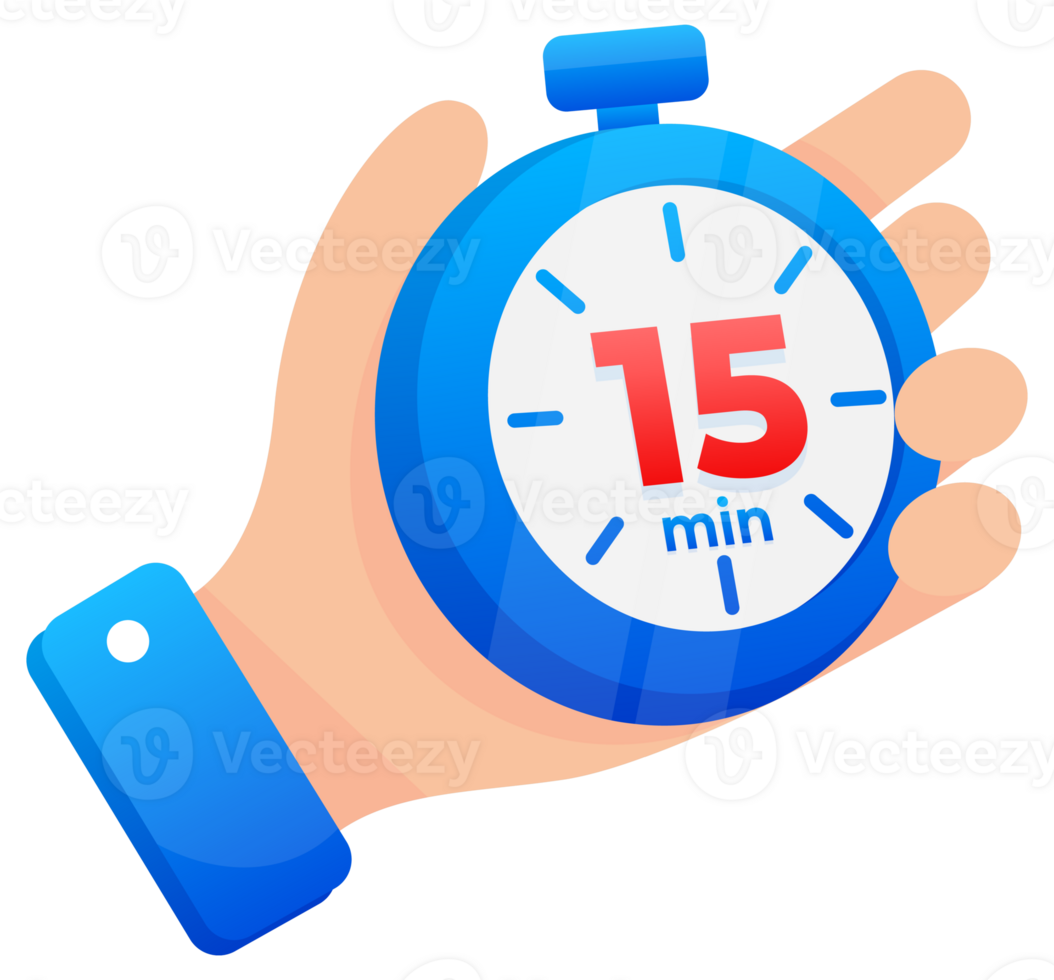 Hand firmly gripping a blue stopwatch set to 15 minutes, with a prominent red highlight on the timer png