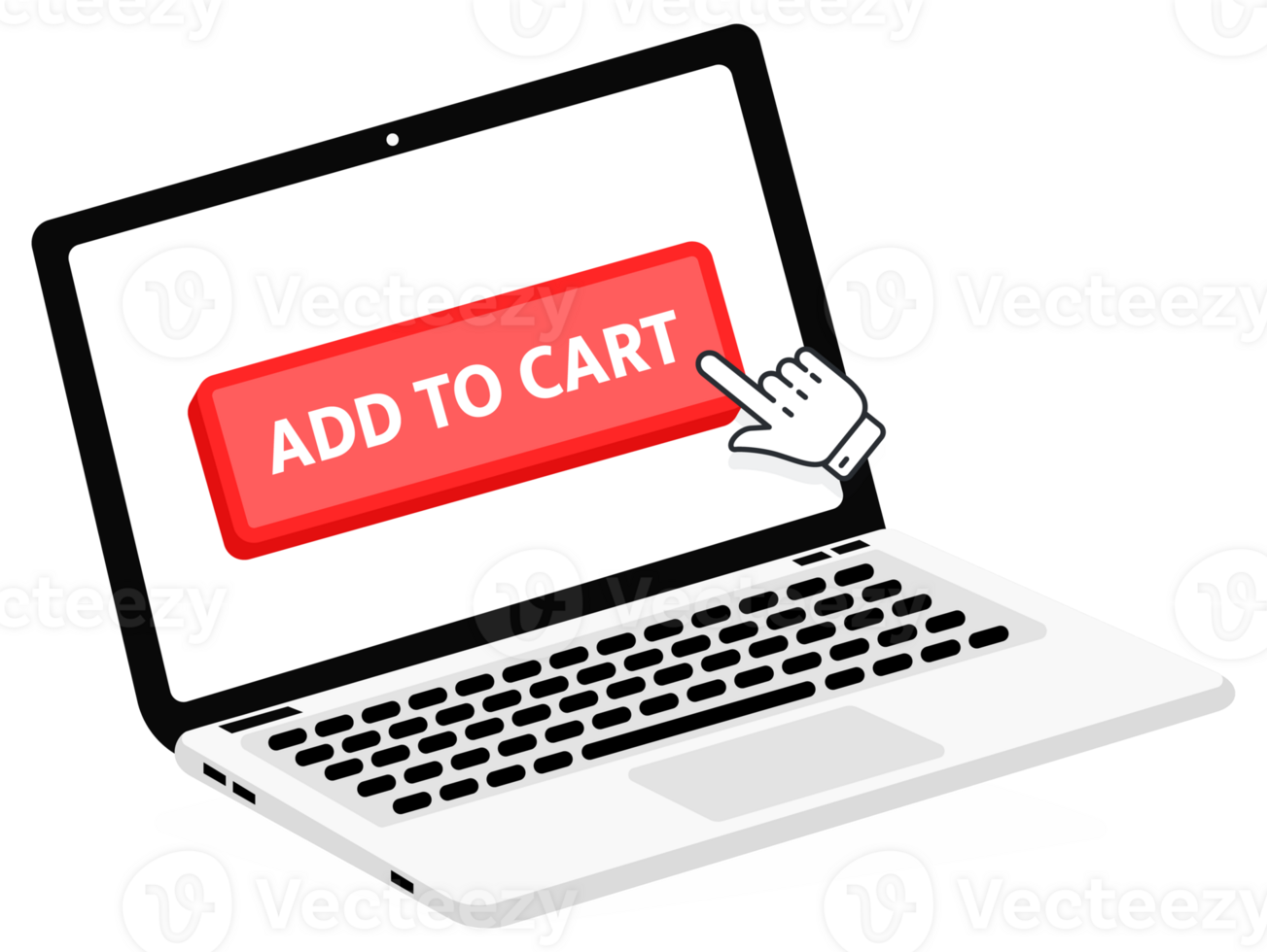 Add to cart text on Laptop screen with a red button . Button with pointer clicking. Finger Pressing png