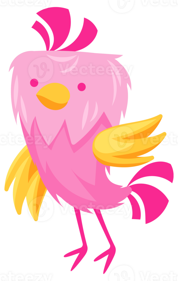 Four colorful birds standing on thin legs with wings spread wide and smiling happily png