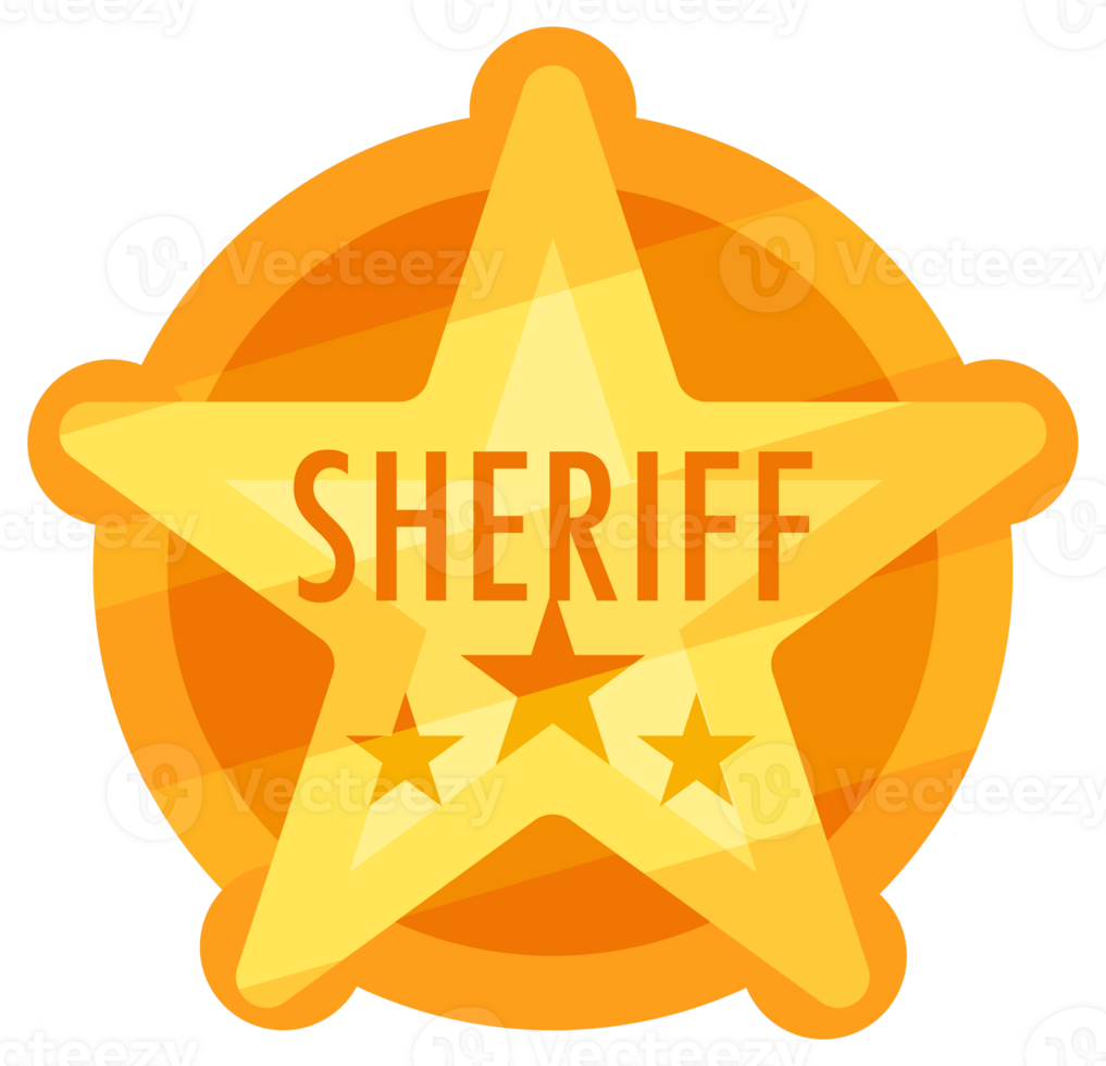 Four golden sheriff badges with stars are representing law enforcement in wild west png