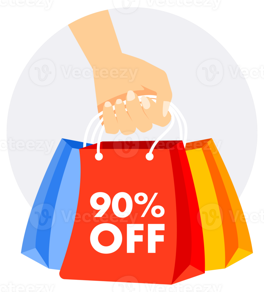 A hand is holding a shopping bag with a 90 off sign on it. The bag is red, blue, and yellow png