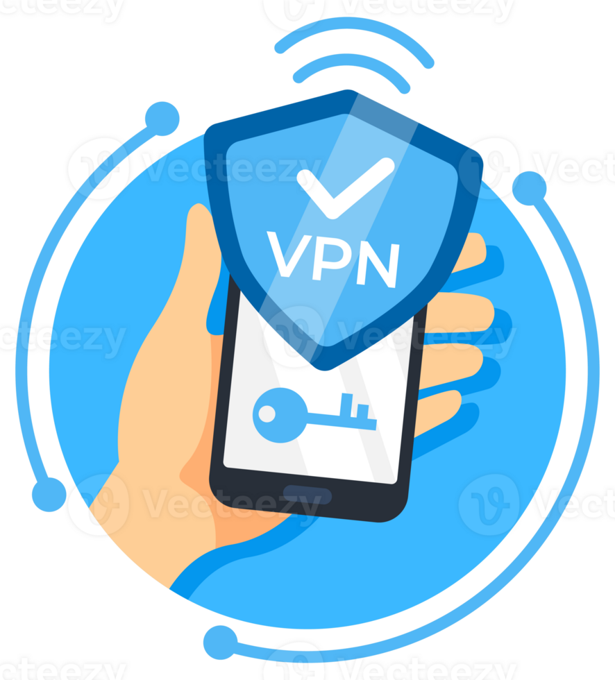 Hand holding a smartphone with a shield icon depicting a VPN connection for secure internet access png