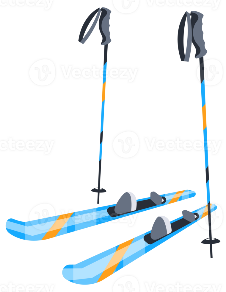 Pair of blue mountain skis and poles standing upright png