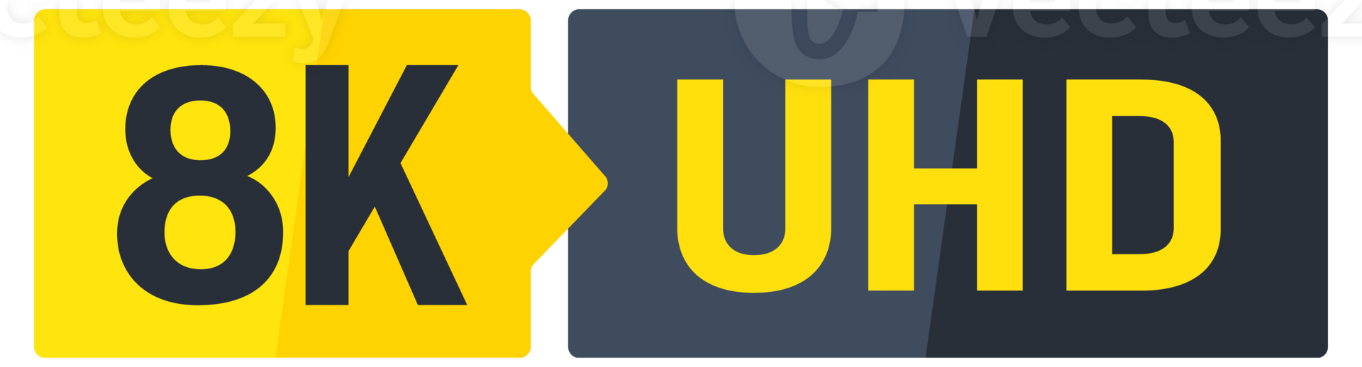 Set of yellow and black 8k ultra hd resolution tv screen stickers showing television display format png