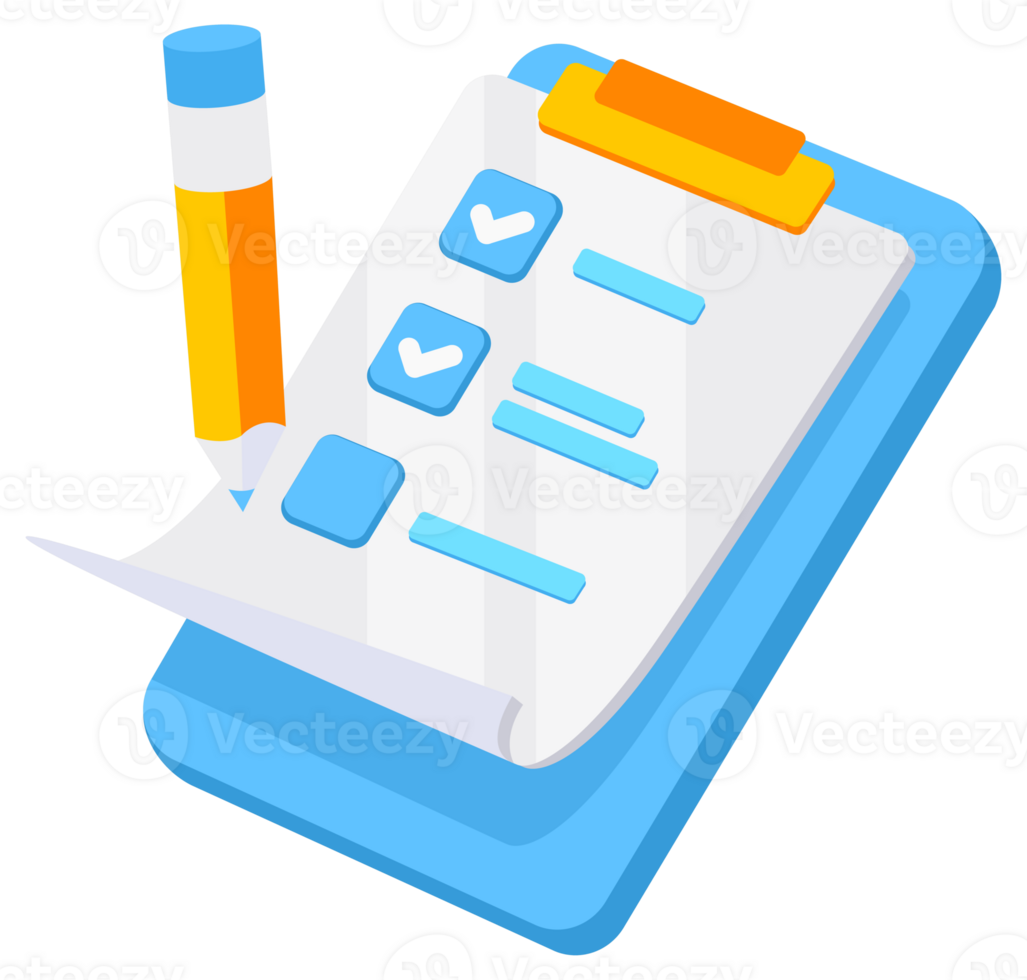 Clipboard with checklist and pencil, concept for survey, questionnaire, or inspection form png