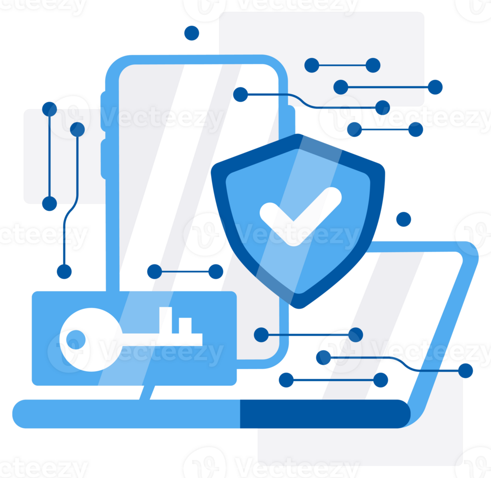 Sleek illustration of cyber security concept with shield, key, and digital elements, representing data protection and network defense in a digital age png