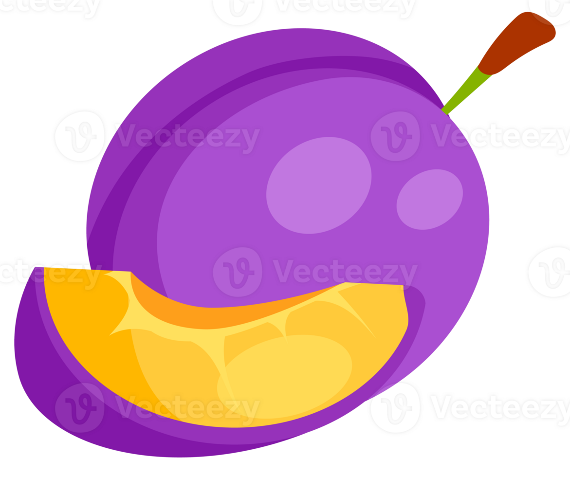 This illustration shows four purple plums, some sliced in half and some whole with leaves png
