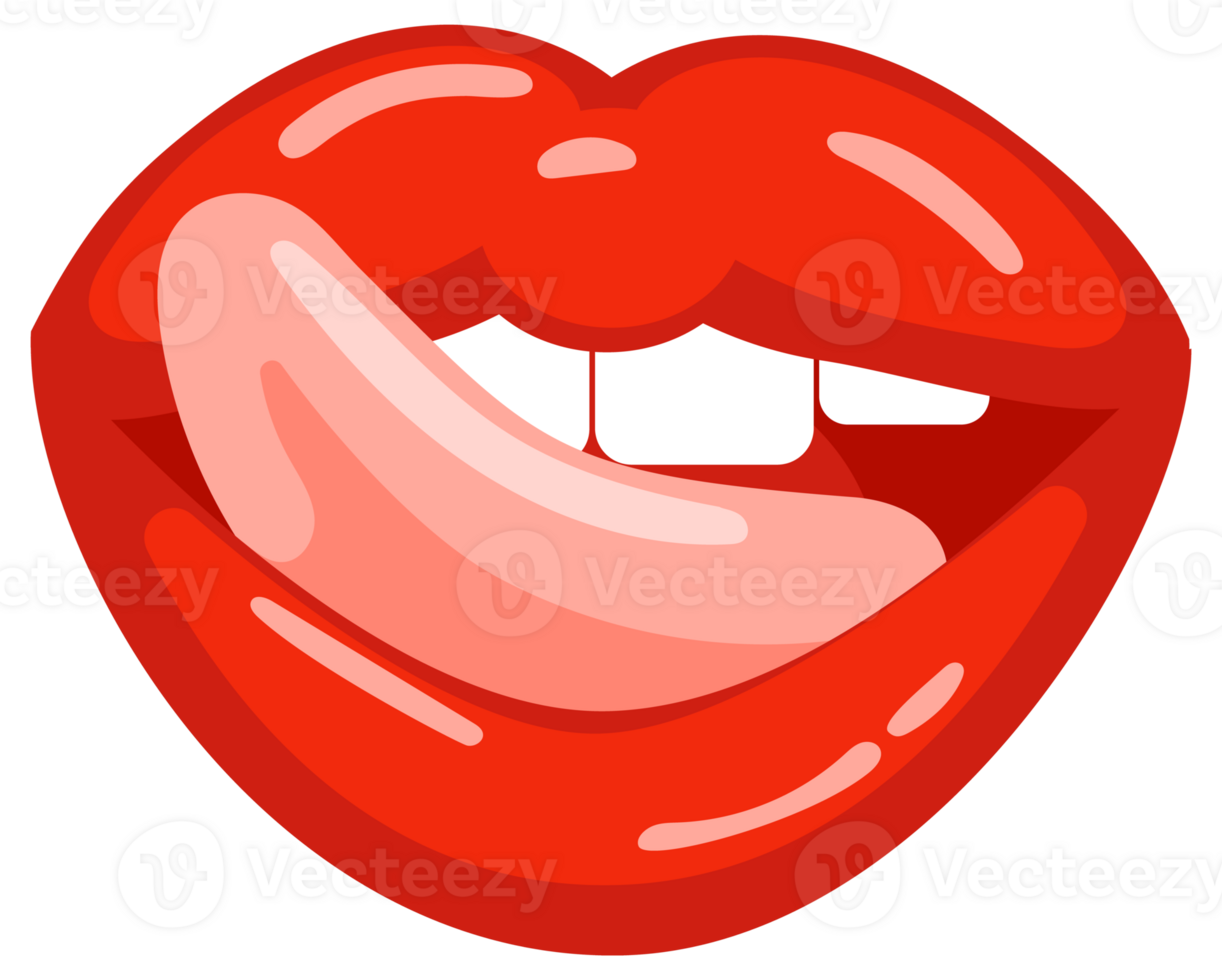 Six variations of woman's red lips showing different facial expressions like speaking, smiling, surprised and showing tongue png