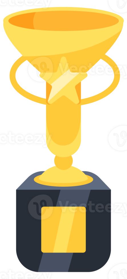 Set of gold trophy cups of different shapes with handles standing on pedestals with empty nameplates for winners png