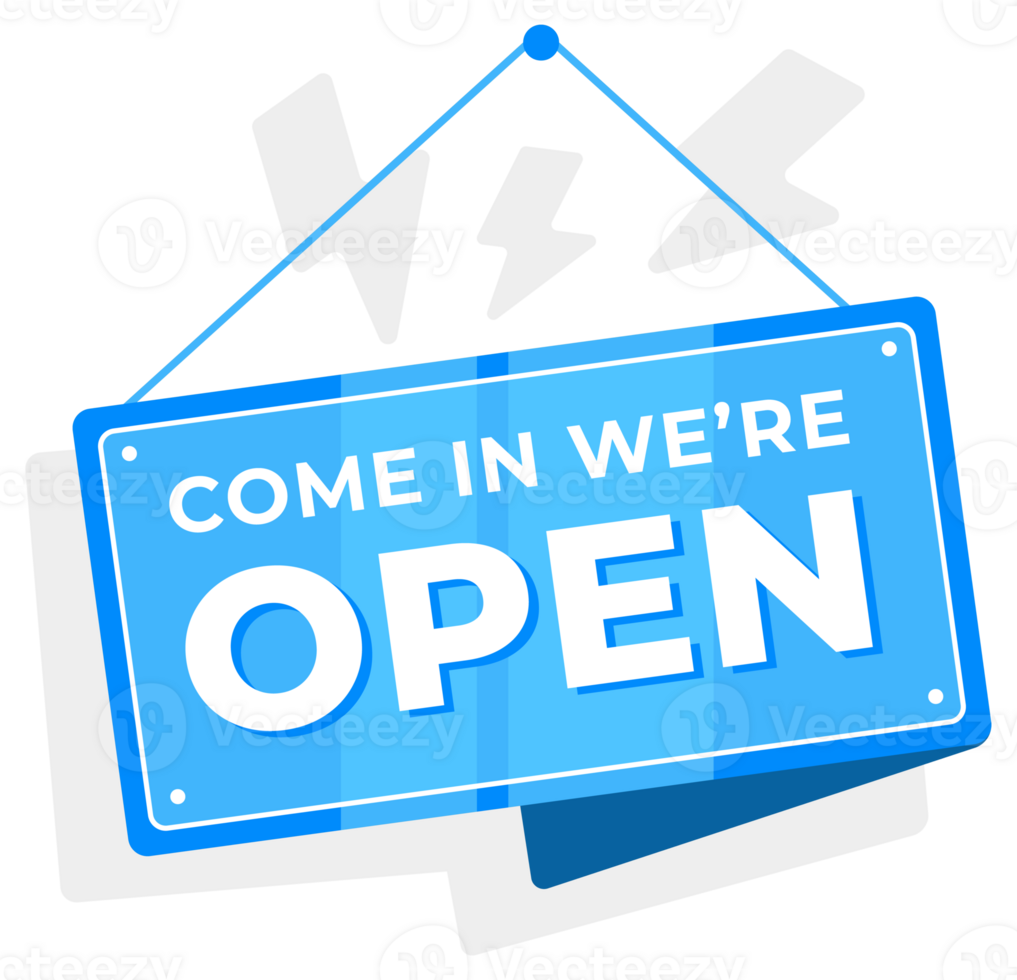 Come in we are Open door sign. Signboard for cafe, retail market. illustration. png
