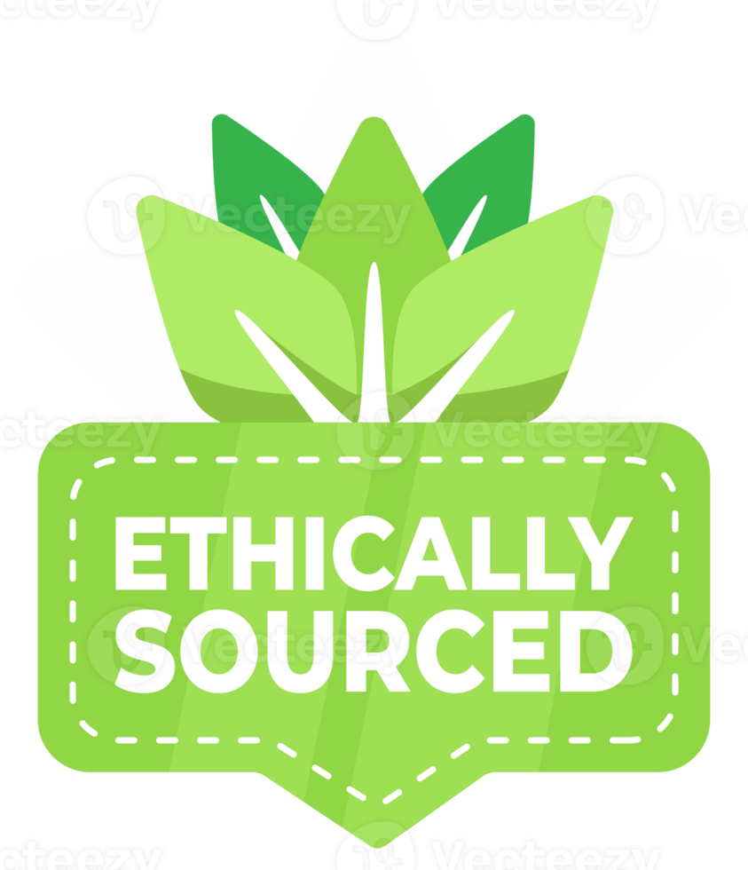 Badge highlighting ethically sourced products with a leaf design, emphasizing responsible sourcing png