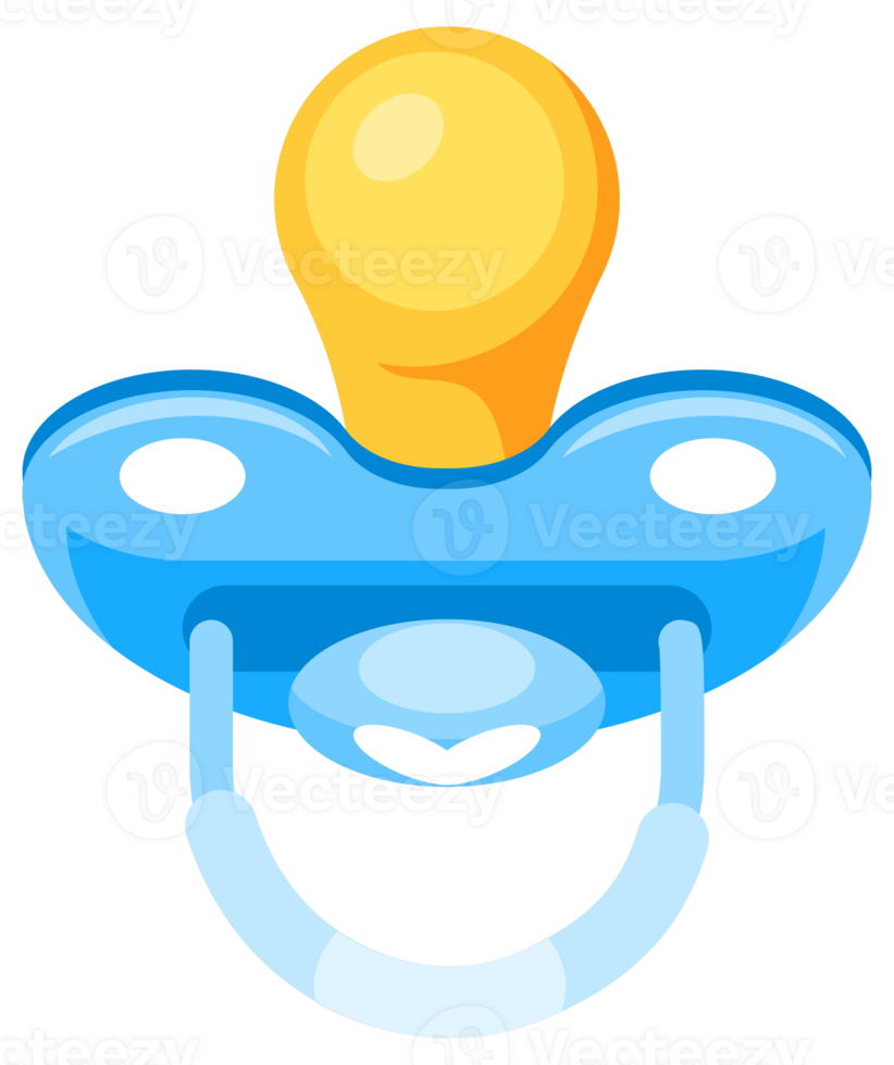 Four different baby pacifiers with blue silicone nipple and yellow handle, lying in various positions png