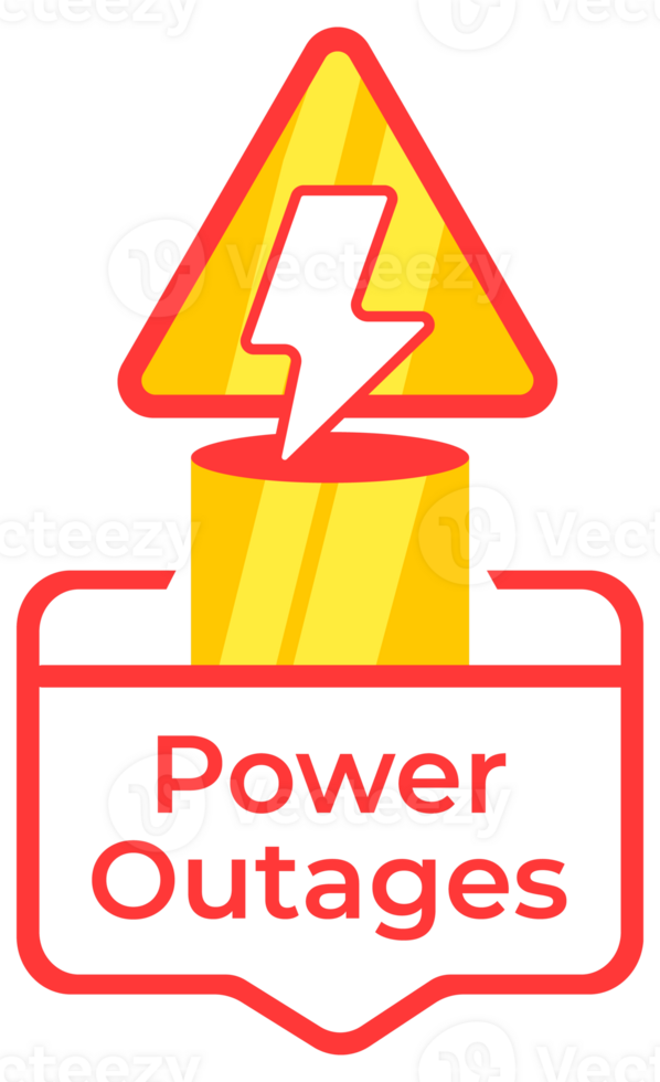 Iconic representation of a power outage warning with a lightning bolt sign and a caution label png