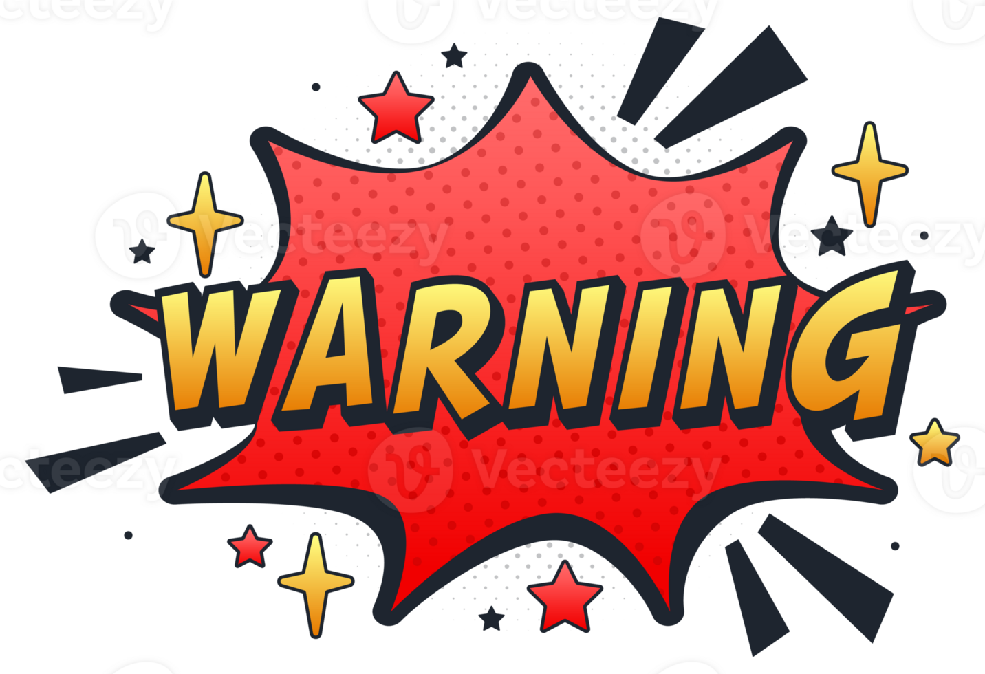 Warning comic speech bubble surrounded by stars and halftone pattern png