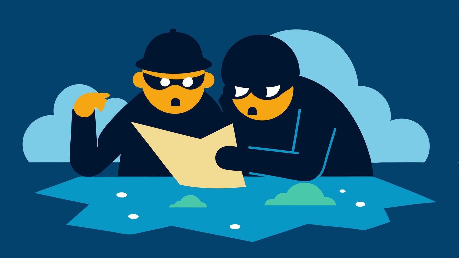 Whispering Escape Plan Closeup of two robbers huddled together in the sewer whispering and pointing towards a map or blueprints spread out on a damp surface.. vector