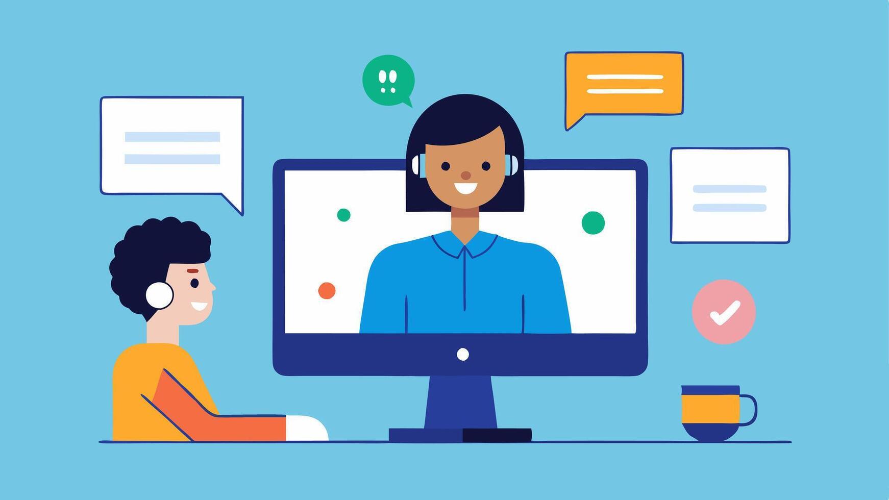 Technical Support A remote coordinator assisting a team member over chat with troubleshooting guides visible on their screen representing tech support for remote work.. vector