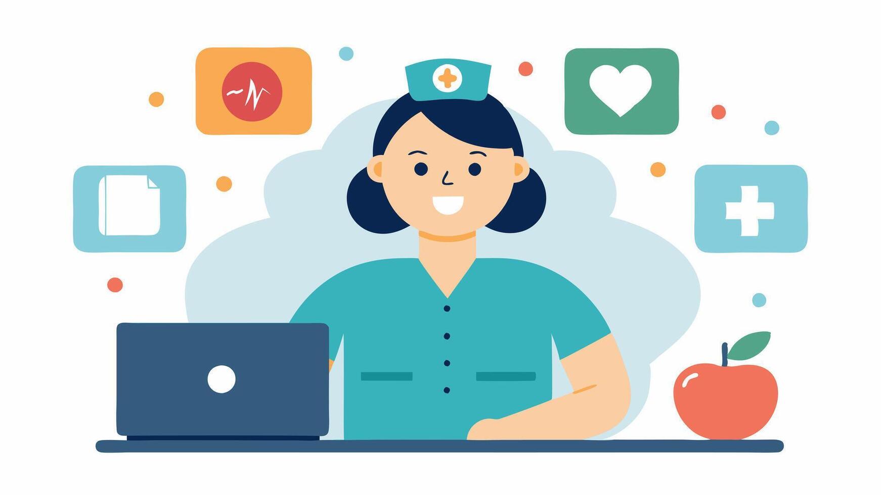 Wellness Check A cheerful nurse asking a wellness questionnaire over a call with wellness icons floating around her illustrating various health topics such as nutrition and. vector