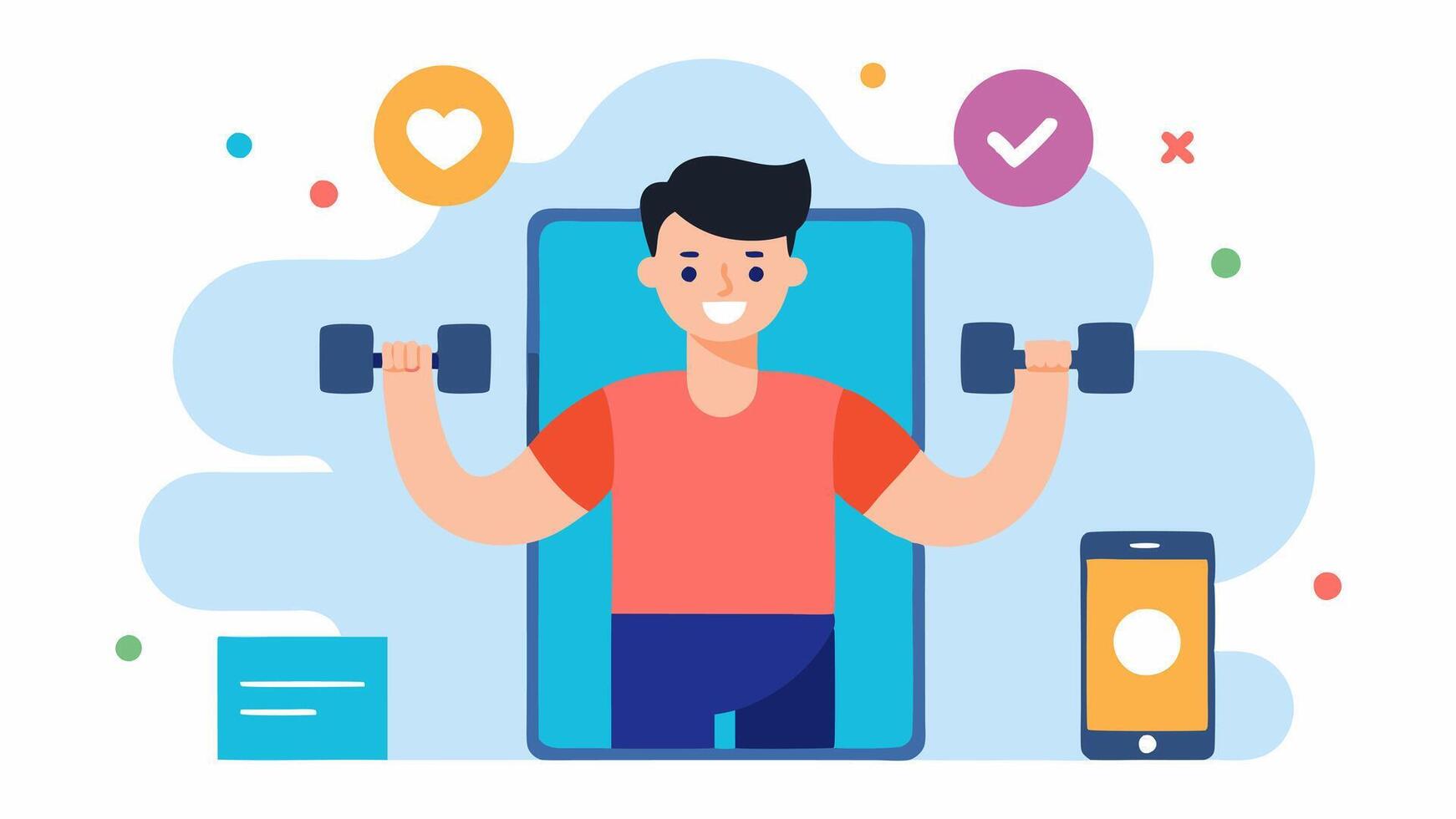 Social Sharing A trainer helps clients post their achievements on social media directly from a fitness app encouraging group support and motivation.. vector