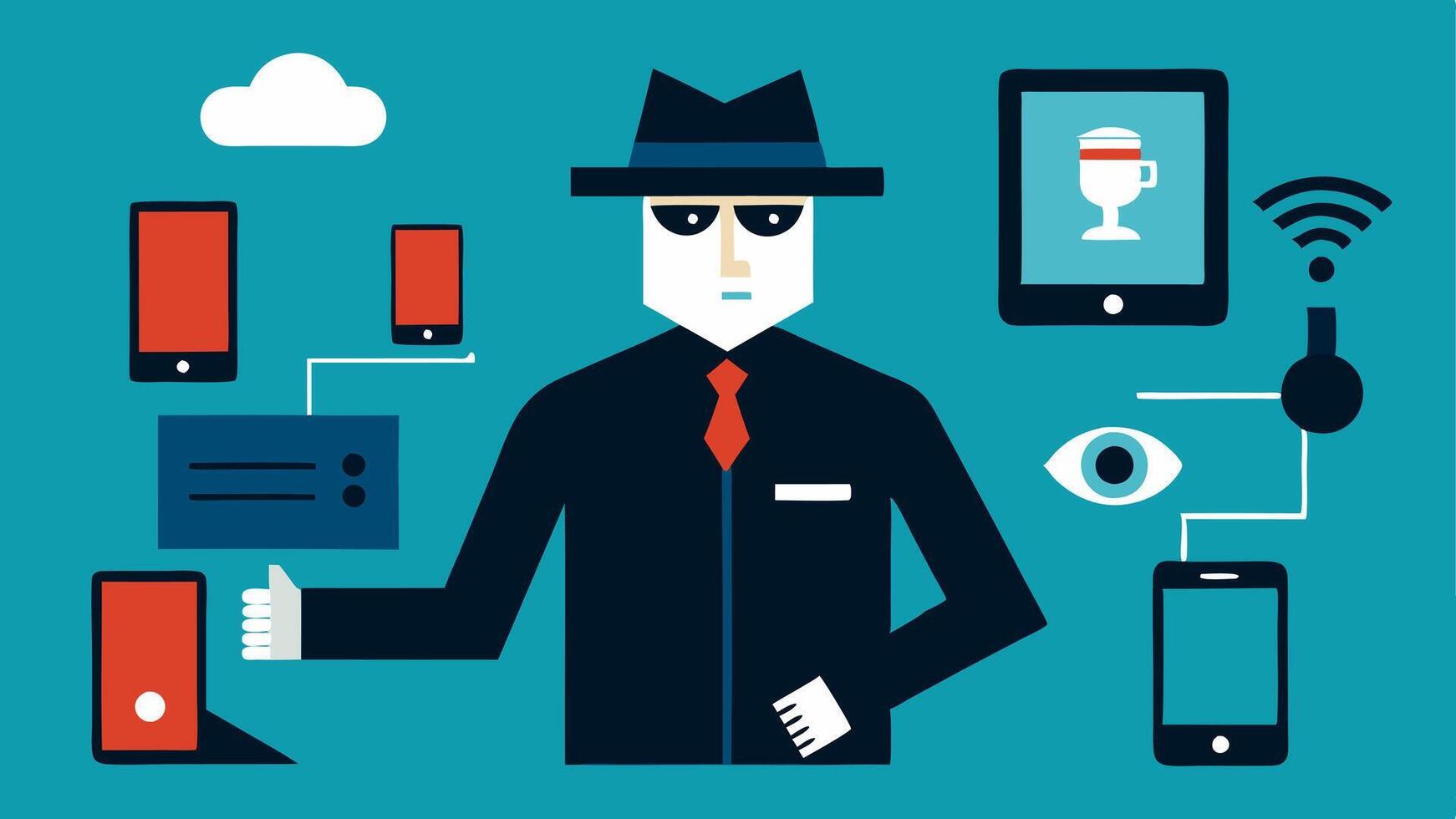 Technological Tools A detective using various tools like a tablet and smartphone while analyzing security footage on a wallmounted screen.. vector