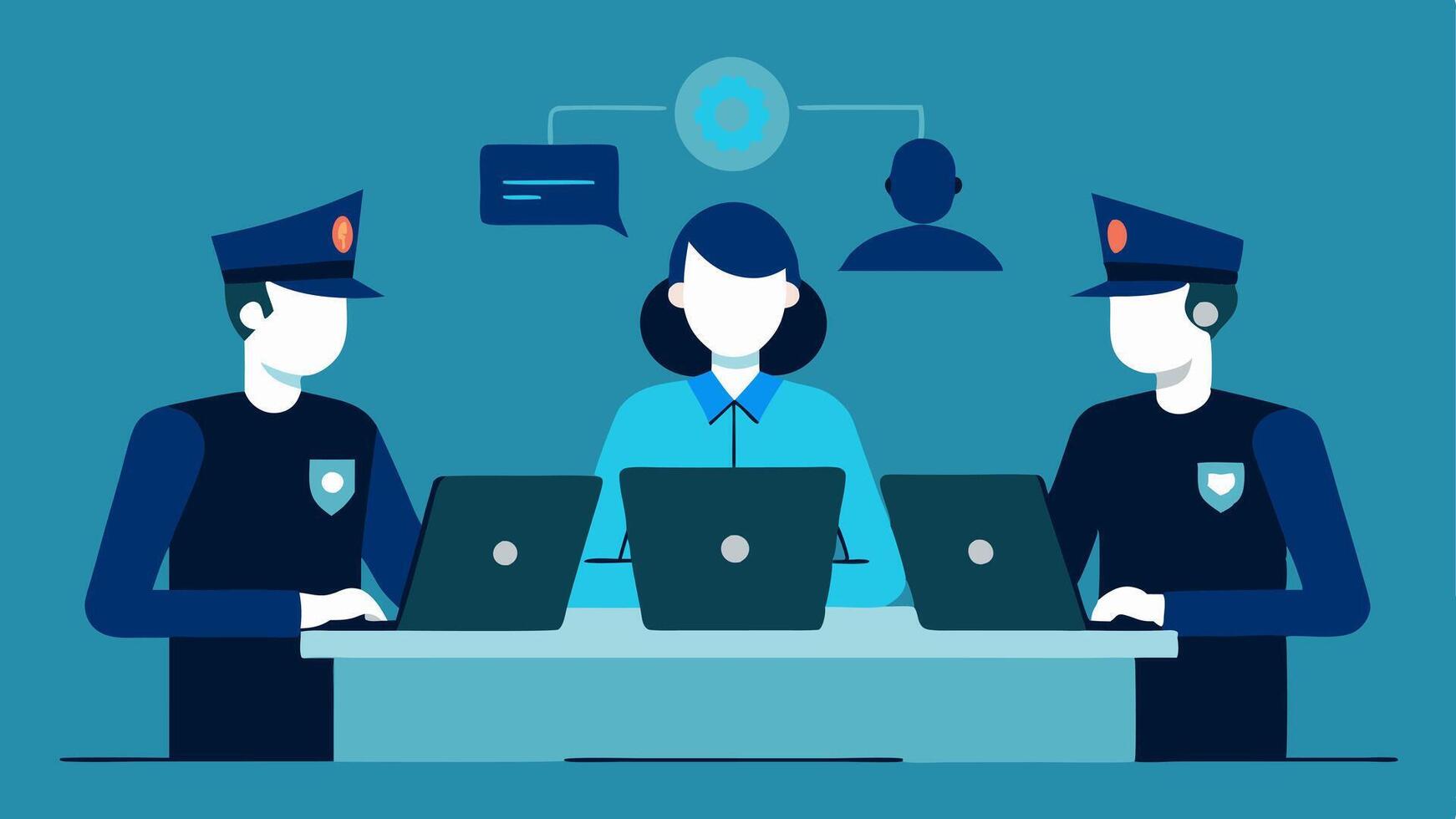 Team Collaboration A group of police officers gathered around a table with laptops discussing findings from facial recognition software and displaying images.. vector