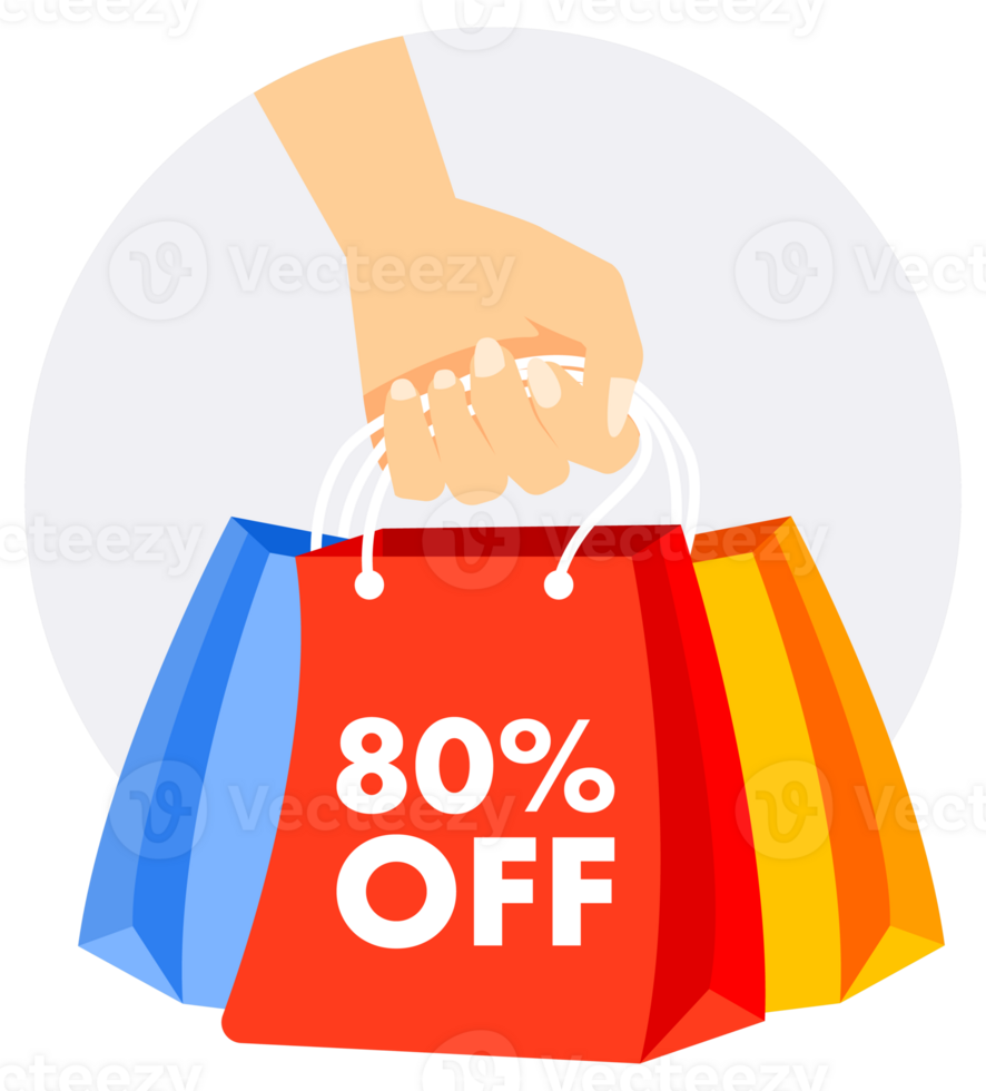 Hand is holding colorful shopping bags with a 80 percent off discount offer, perfect for advertising sales and promotions png