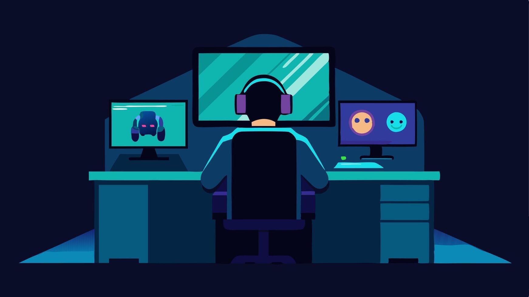 Setup Scene A gamer sitting at a desk with a dualmonitor setup displaying a popular game and a streaming interface. The room has gaming posters on the wall and LED lights. vector
