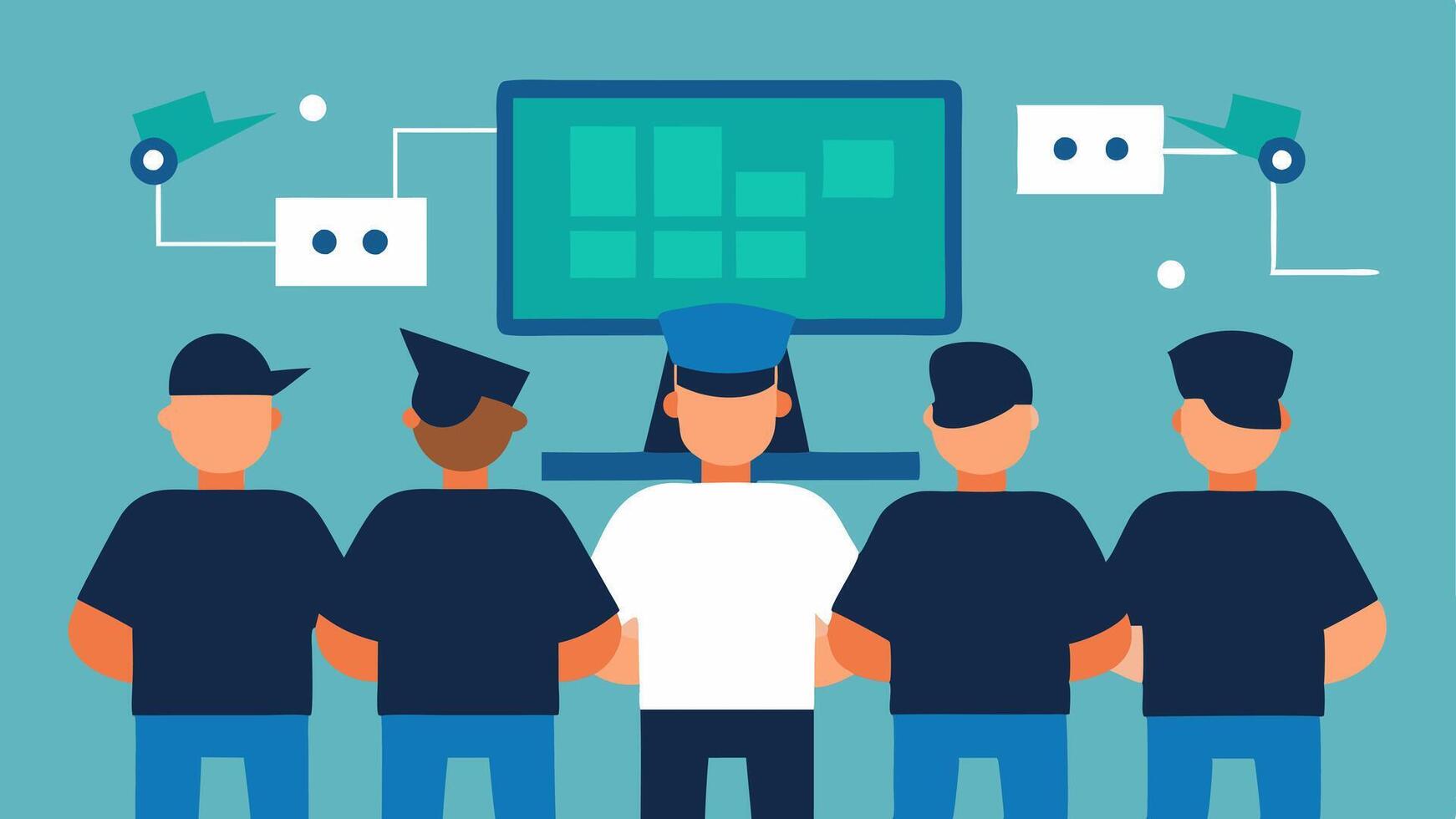 Team Coordination Multiple guards gathered around a large screen showing CCTV feeds discussing the movements of robbers and planning their next steps.. vector