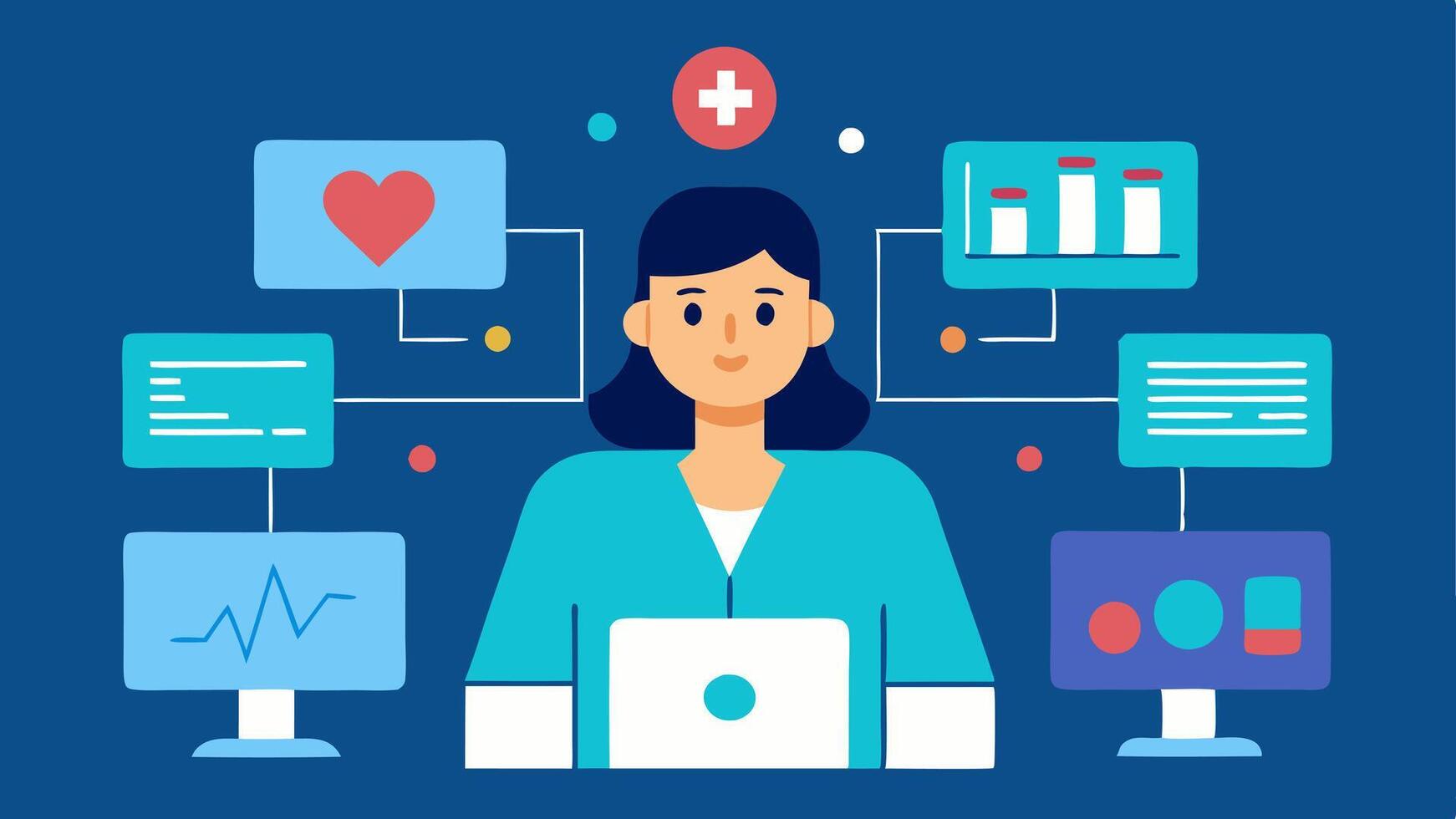 Remote Monitoring System An illustration of a nurse analyzing patient data on multiple screens showcasing realtime health metrics from remote monitoring devices.. vector