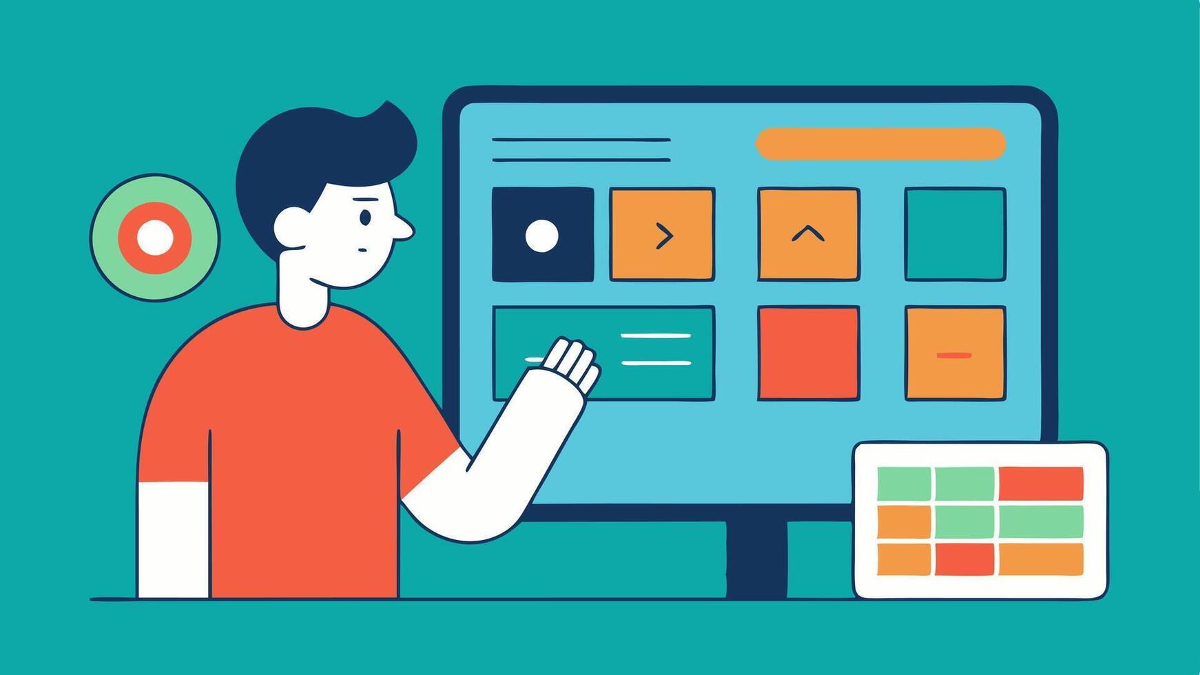 uiux elementos un ilustrador crea usuario interfaz elementos tal como botones y íconos para un sitio web utilizando un cuadrícula diseño en su pantalla a garantizar consistencia y usabilidad.. vector