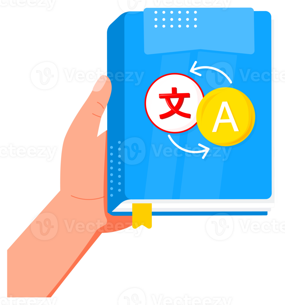 Hand holding book with language translation symbols, learning new language concept png