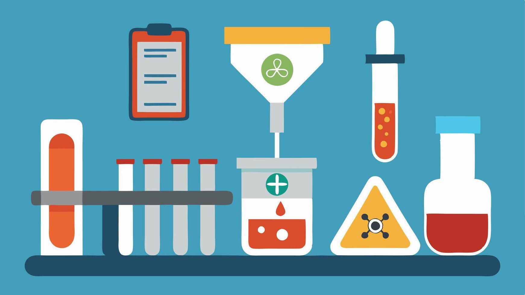 Testing Equipment A closeup view of a toxicology test kit with various vials and reagents spread out on a lab countertop labeled with hazard symbols.. vector