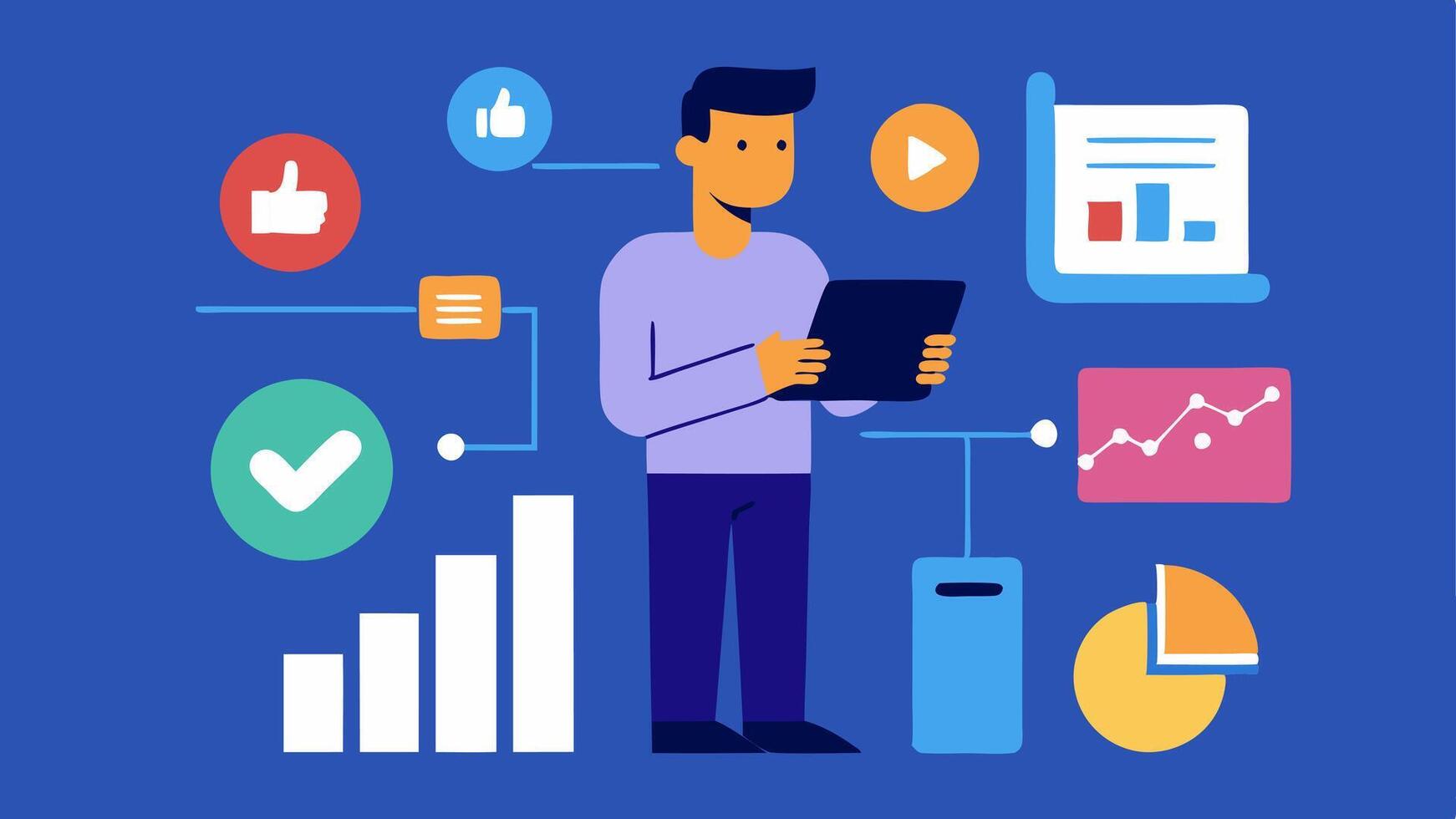 Social Media Analytics A consultant tracking social media performance on a tablet showing graphs and metrics with icons of different social media platforms.. vector
