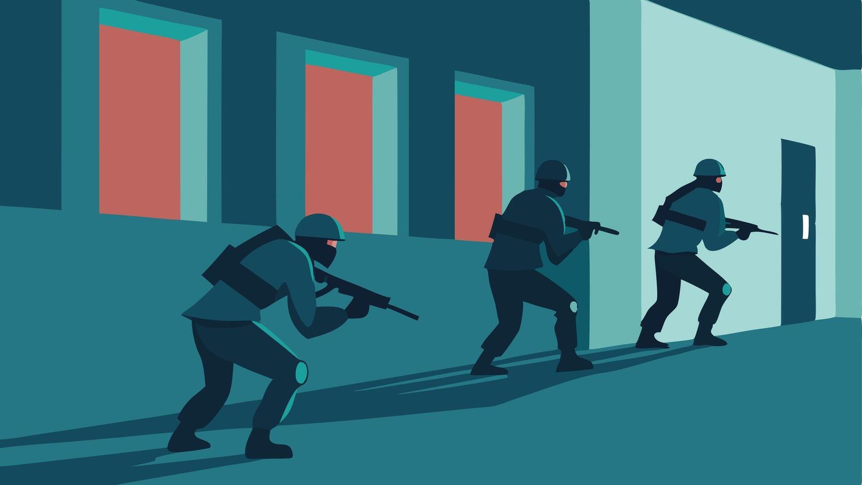 Tactical Movement A portrayal of several officers moving stealthily along the exterior of the building using the shadows for cover. They are crouched and alert ready for action.. vector