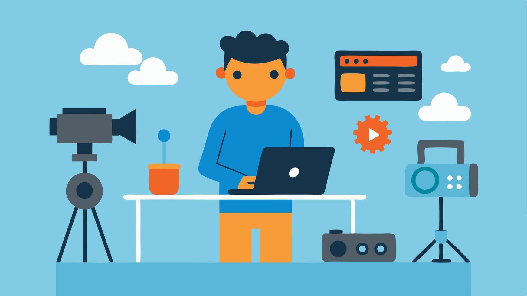 Tech Check A host troubleshooting their audio equipment or adjusting their camera setup with notes and gear tered on the table.. vector