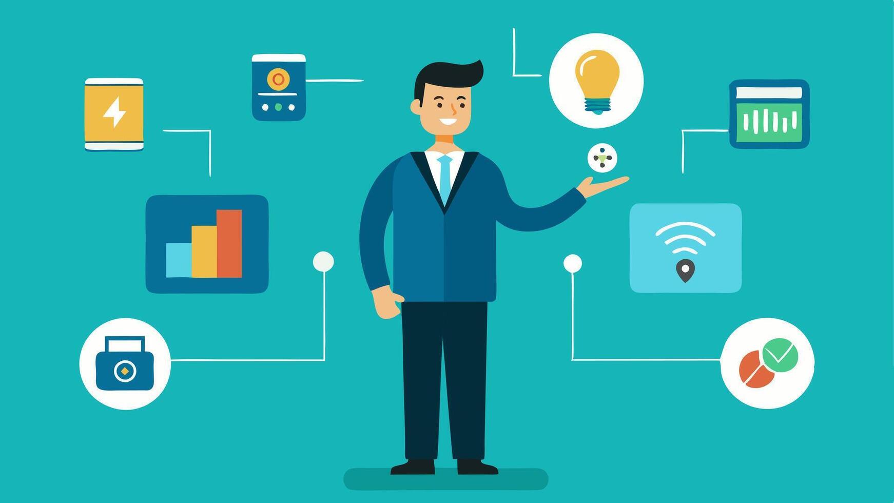 Smart Tech Solutions A consultant showcasing smart technology options for energy management like smart thermostats and sensors helping businesses adopt innovative solutions.. vector