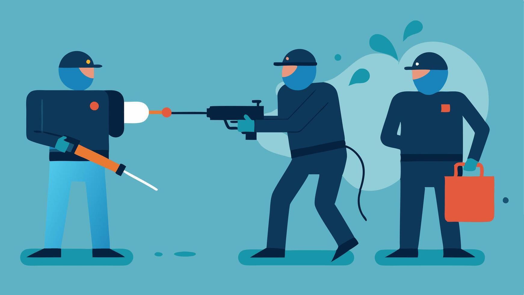 Use of Nonlethal Equipment Officers preparing nonlethal equipment such as foam projectiles or water cannons while remaining alert to surrounding activities.. vector