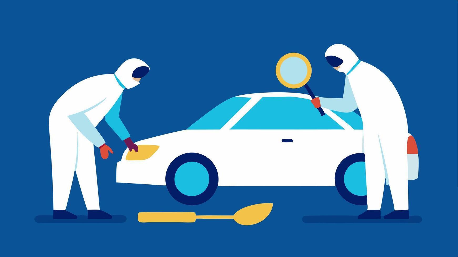 Team Collaboration Two forensic experts working together on different sides of the car one dusting while the other examines the area with a magnifying glass.. vector
