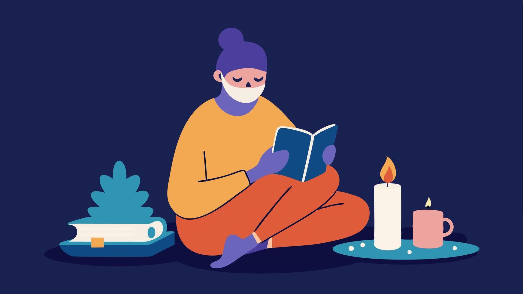 SelfCare Evening An influencer enjoying a cozy evening with a face mask and a book surrounded by candles and a warm blanket with a smartphone capturing the relaxing vibe for social. vector