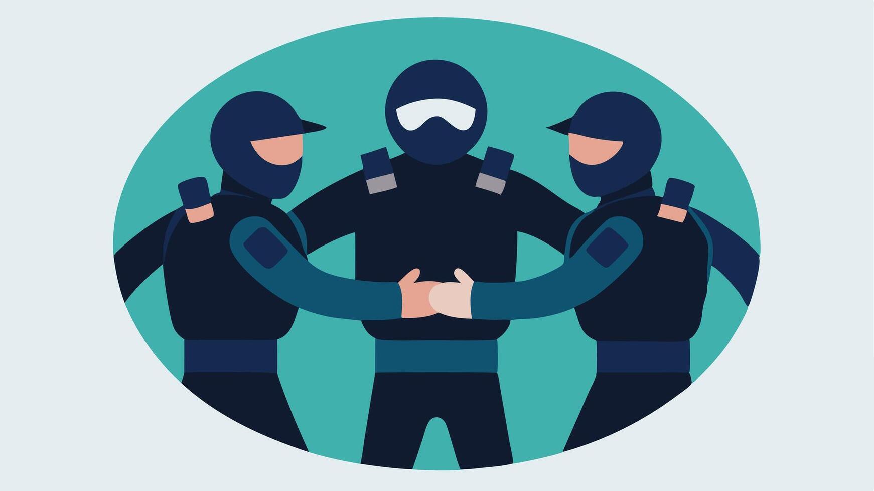 Team Huddle The entire SWAT team in a circle holding hands or touching shoulders for a motivational huddle before they head out.. vector