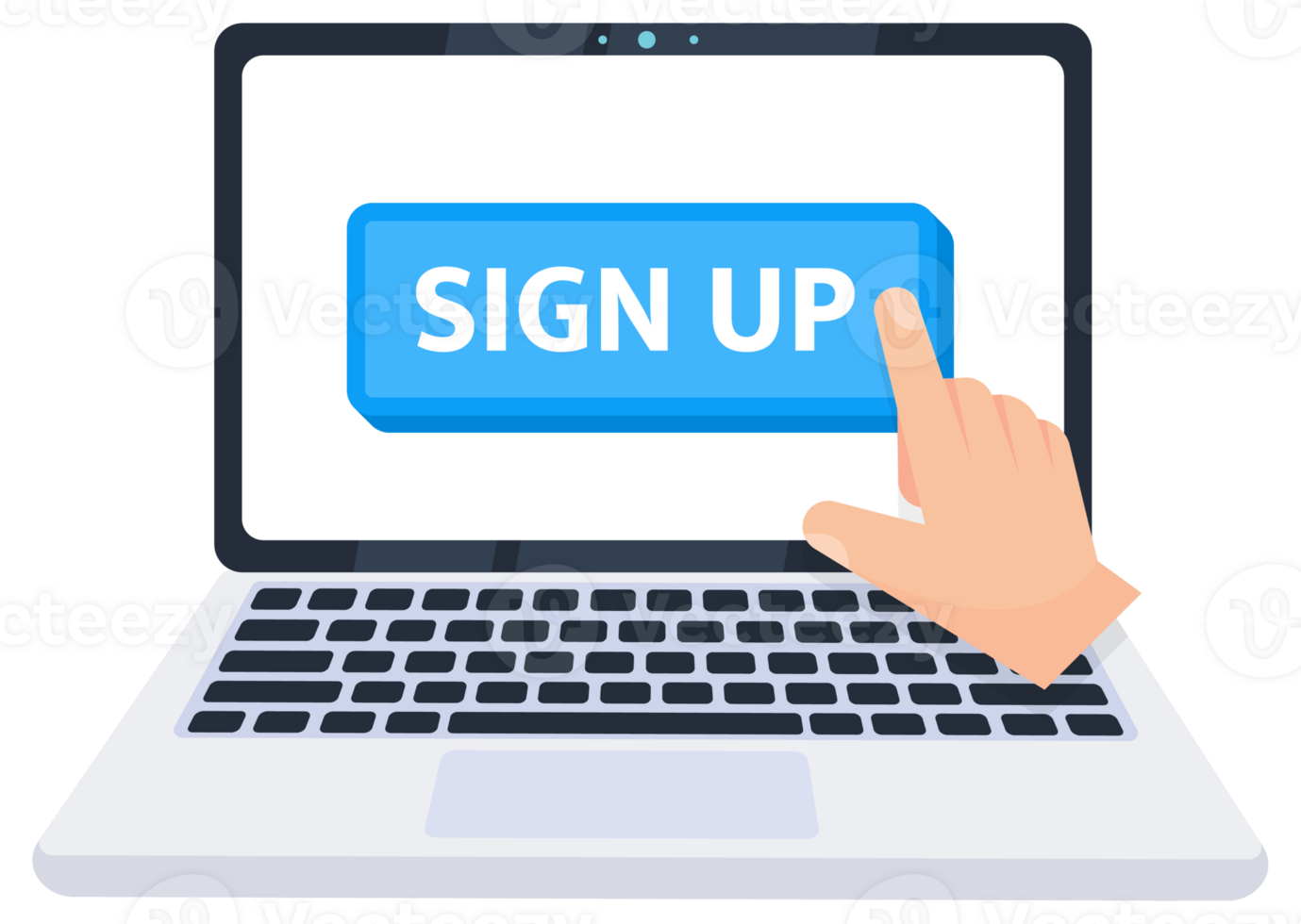 Hand pointer clicking on a sign up button on a laptop screen. illustration png