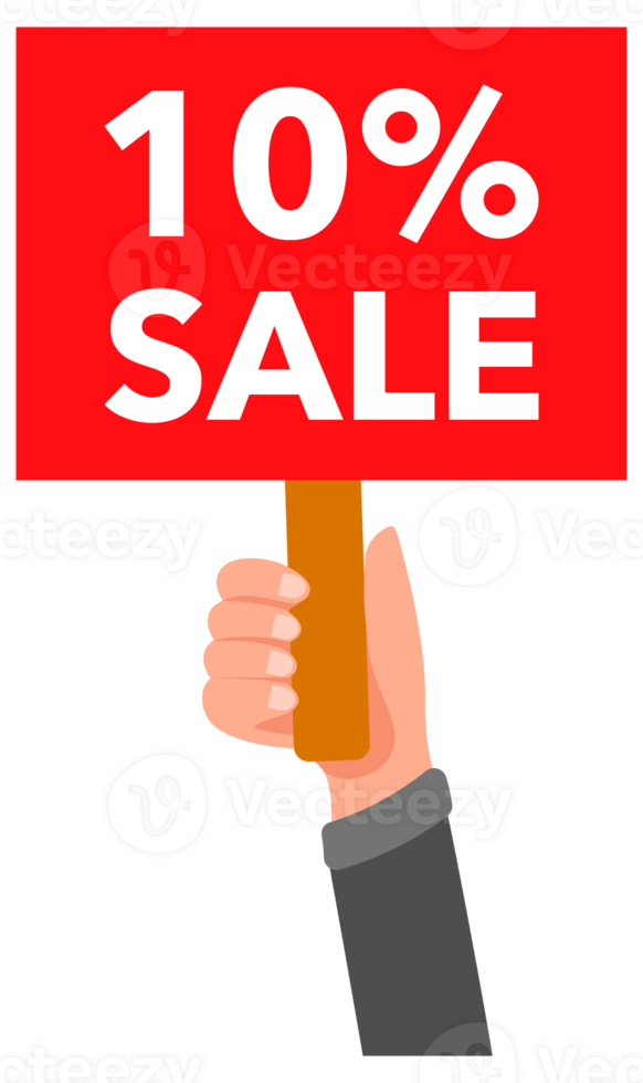 Hands holding red 10 percent sale signs with different backgrounds png