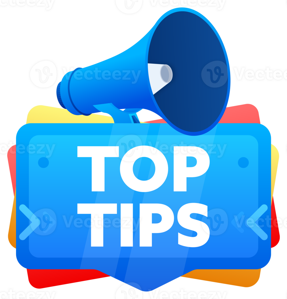 Top tips. Badge with megaphone banner, label. Marketing and advertising. illustration png