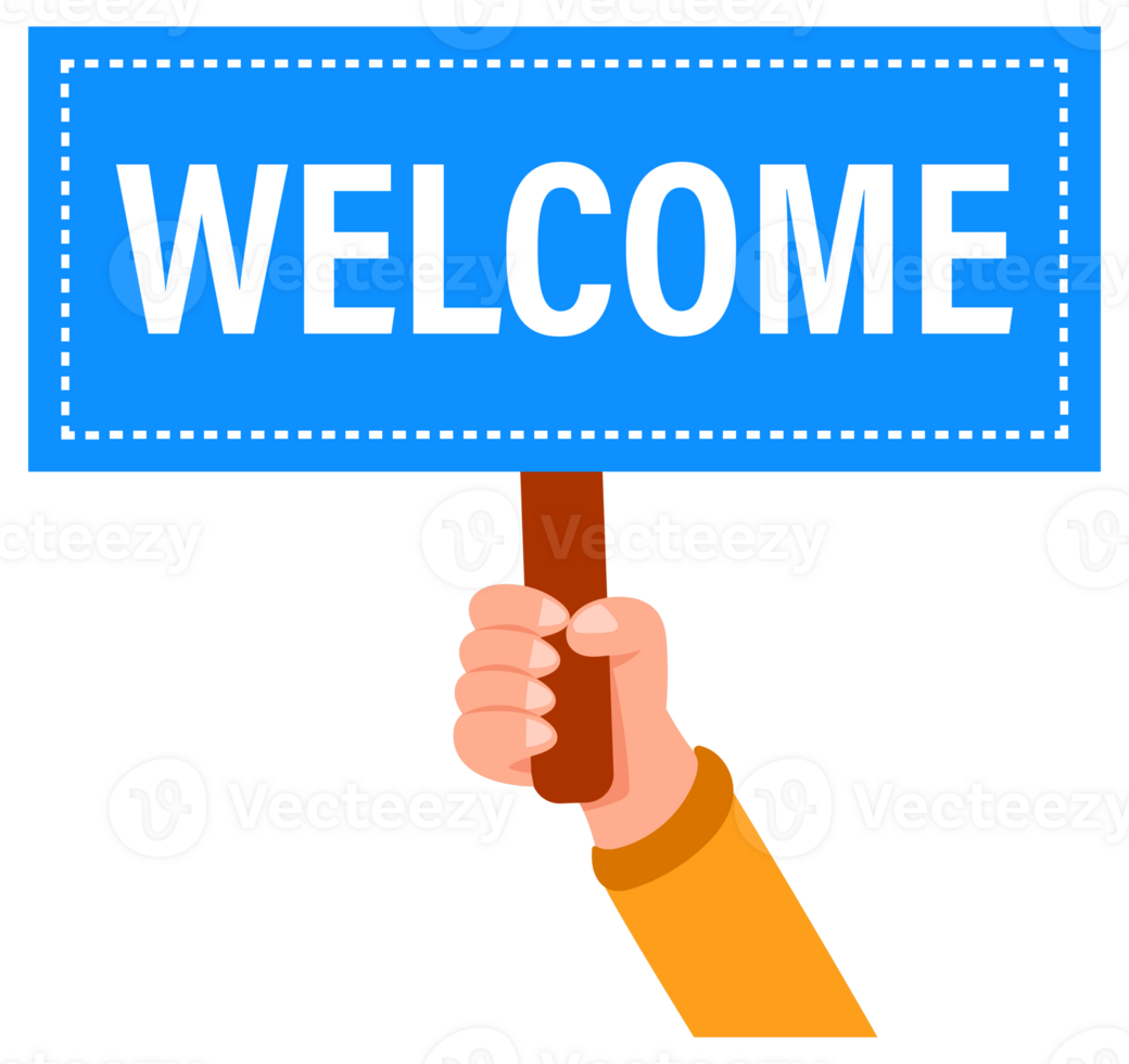 Hands holding welcome signs greeting concept in flat style png