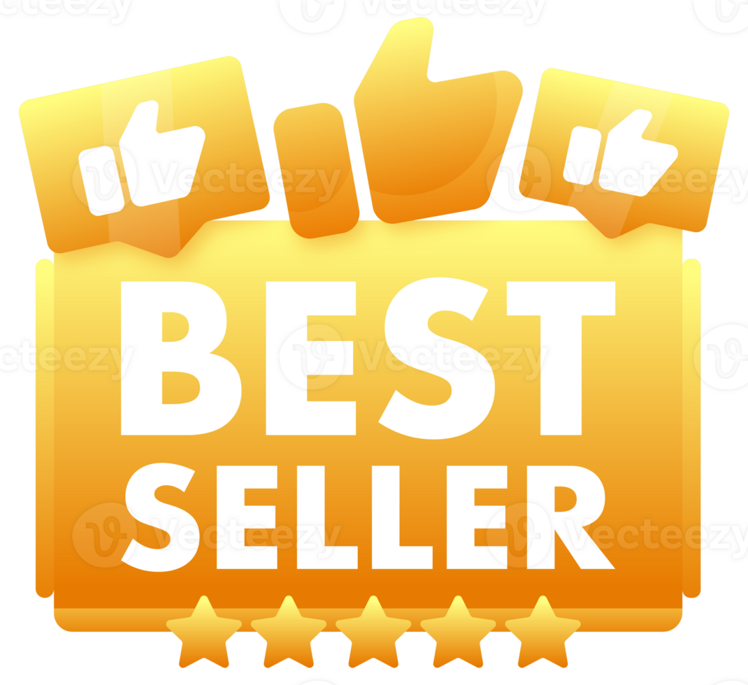 Golden BEST SELLER banner with thumbs up icons and stars indicating top sales, popularity, and high demand in the market png