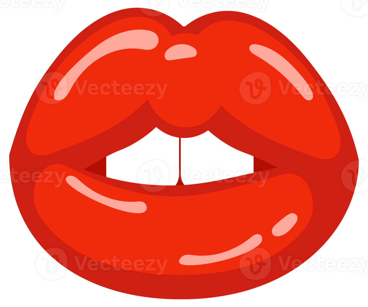 Six variations of woman's red lips showing different facial expressions like speaking, smiling, surprised and showing tongue png
