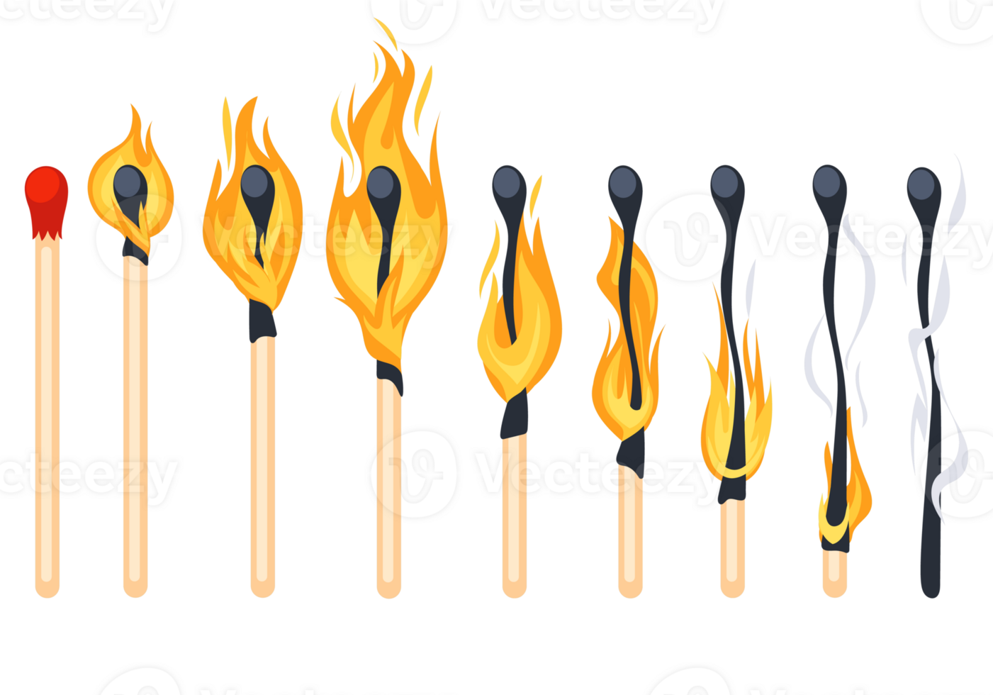 Burning match animation steps from a new match to a burned one with smoke png