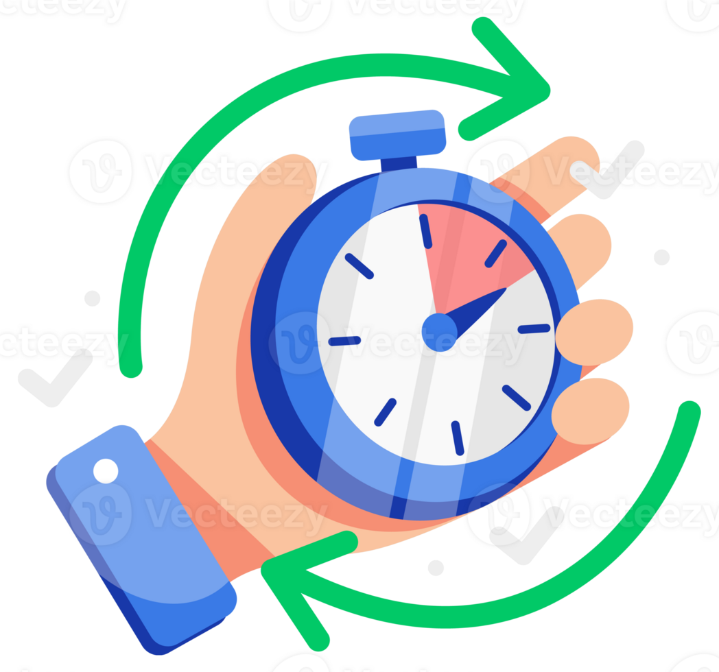 Featuring a stopwatch in hand, encapsulating concepts of time management, deadlines, and efficiency in task completion png