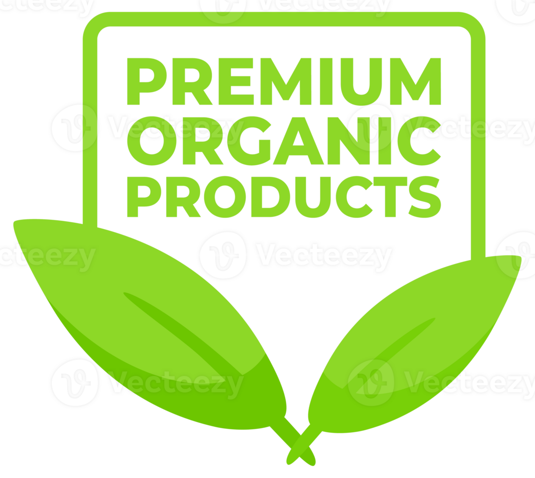 Set of vibrant green labels with Premium Organic Products text and a leaf symbol, designed for upscale natural product branding. png