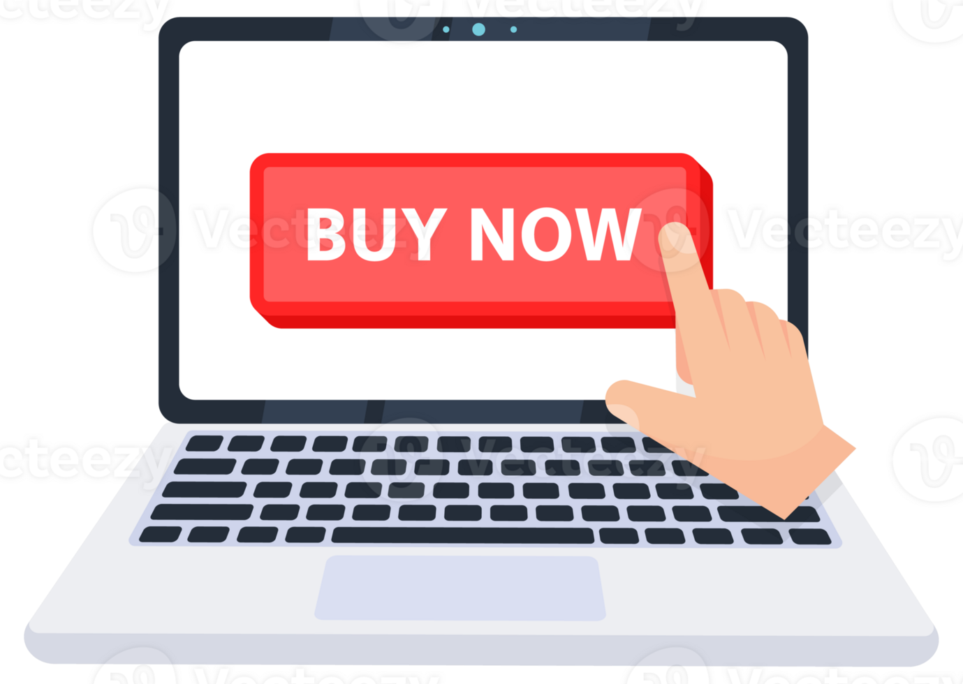 Hand pointer clicking on a buy now button on a laptop screen. illustration png